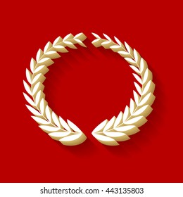 Laurel Wreaths sign. White button icon with wood color and shadow on dark red background.