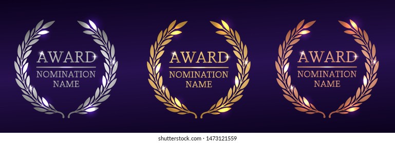 laurel wreaths various awards. Gold, silver and bronze awards. vector illustration with shine and glitter on a purple background