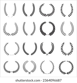 Laurel Wreaths Vector, Set of different black and white silhouette round laurel, achievement, heraldry, nobility. Vector illustration.