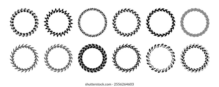 Laurel wreaths, winner award for victory and success in circular form with stylized leaves. Vector isolated symbol of triumph, honor and status. Champion prize of ancient Greece and Rome