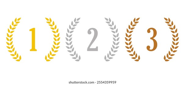 Laurel wreaths with Winners' numbers Vector. Award 1, 2, 3 place. Golden, silver and bronze laurel wreaths with first, second and third place signs. 
