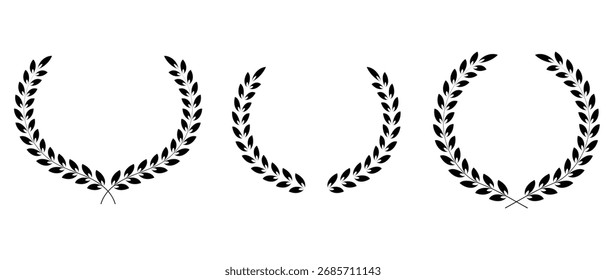 Laurels branches icon vector set. Laurel wreath.  Laurel Leaves. Blacken Laurel Leaves Round. Greek olive branch award, winner round emblem. 