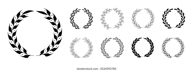 Laurels branches on transparent background. Vector illustration of hand drawn wreaths. Flat floral wreath frames. Design element for logo, label, emblem, sign, awards, winner, trophy, branches foliate
