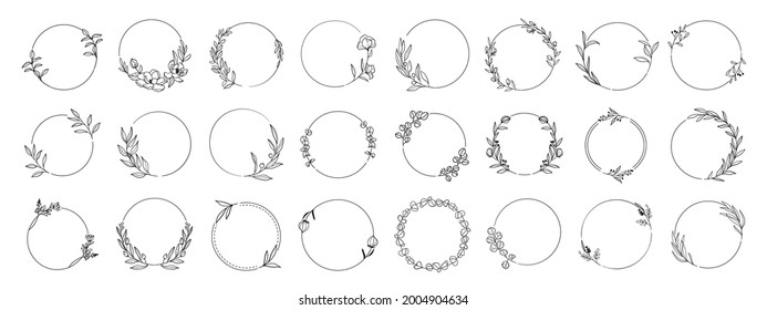 Laurels frames branches with circle borders vector collection. Vintage floral wreaths with leaves , flower, herb, swirls, ornate. Decorative elements for logo, wedding invitation, banner, packaging