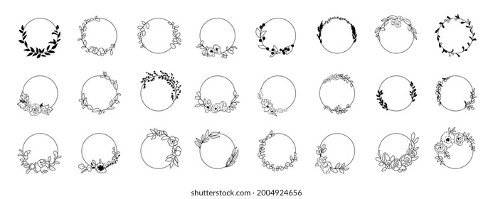 Laurels frames branches with circle borders vector collection. Vintage floral wreaths with leaves , flower, herb, swirls, ornate. Decorative elements for logo, wedding invitation, banner, packaging