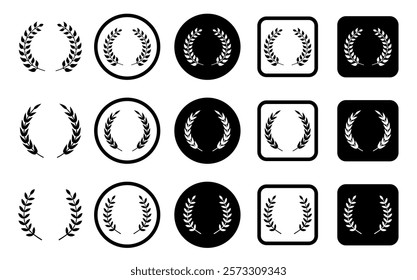 laurels icon. Set of black circular foliate laurels branches. Vector black laurels set. Emblem floral greek branch flat style