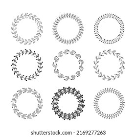 Laurels round border vector set. Set of different linear circle laurel leaves. Armorial branches. y.