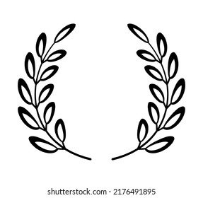 Laurels round border vector in simple line style. Linear circle laurel leaves. Wheat and olive wreath for victory, triumph.