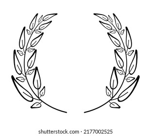 Laurels round border vector in simple line style. Linear circle laurel leaves. Wheat and olive wreath for victory, triumph.