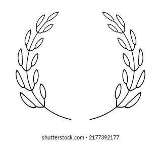Laurels round border vector in simple line style. Linear circle laurel leaves. Wheat and olive wreath for victory, triumph.