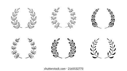 Juego de vectores de Laurels. Conjunto de hojas de laurel lineales diferentes. Trigo y coronas de oliva por victoria, triunfo. Símbolo de premio, logro, heráldica. Ramas de armamento