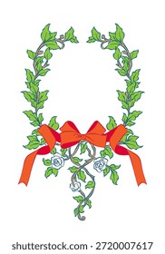Laurels wreath frames branches with bow and ribbon, Whimsical drawing Flowers and leaves frame, element for invitations, greeting cards, sticker, decorative etc.