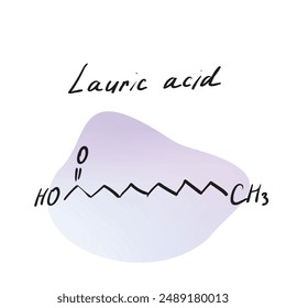 Lauric acid molecule, dodecanoic fatty acid molecule formula. Hand drawn imitation, structural model, penicillin chemistry skeletal formula, sketchy vector icon