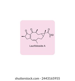 Laurifolioside A skeletal structure diagram.Diterpenoid compound molecule scientific illustration on pink background.