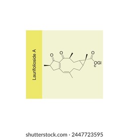 Laurifolioside A skeletal structure diagram.Diterpenoid compound molecule scientific illustration on yellow background.