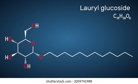 Lauryl glucoside, dodecyl glucoside molecule. It is non-ionic surfactant used in cosmetics and laundry detergents. Structural chemical formula on the dark blue background. Vector illustration