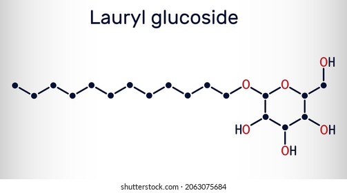 Lauryl glucoside, dodecyl glucoside molecule. It is non-ionic surfactant used in cosmetics and laundry detergents. Skeletal chemical formula. Vector illustration