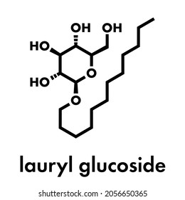 Lauryl glucoside (dodecyl glucoside) non-ionic surfactant molecule. Mild detergent, often used in cosmetics, shampoos, etc. Glycoside produced from lauryl alcohol and glucose. Skeletal formula.