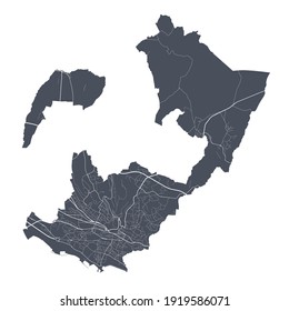 Mapa de Lausana. Mapa vectorial detallado de la zona administrativa de la ciudad de Lausana. Vista de la aria metropolitana de Cityscape poster. Tierra oscura con calles blancas, caminos y avenidas. Fondo blanco.