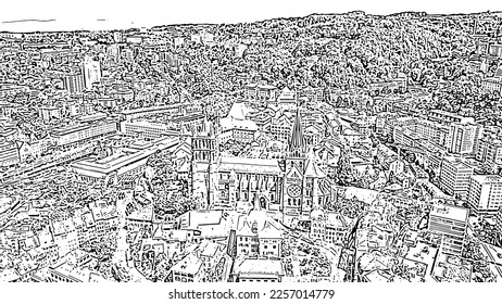 Lausanne, Switzerland. Cathedral of Lausanne. La Cite is a district historical centre. Doodle sketch style. Aerial view