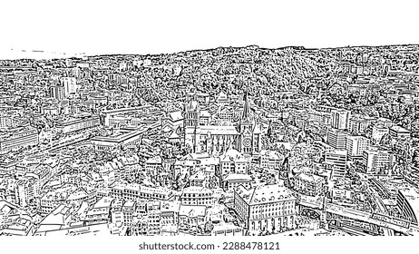 Lausanne, Switzerland. Cathedral of Lausanne. La Cite is a district historical centre. Doodle sketch style. Aerial view