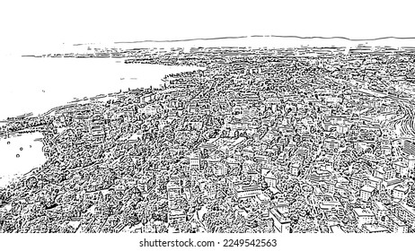 Lausanne, Switzerland. Flight over the central part of the city. The coast of Lake Geneva. Doodle sketch style. Aerial view