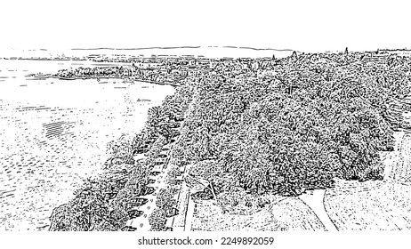 Lausanne, Switzerland. Flight over the central part of the city. The coast of Lake Geneva. Doodle sketch style. Aerial view