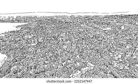 Lausanne, Switzerland. Flight over the central part of the city. The coast of Lake Geneva. Doodle sketch style. Aerial view