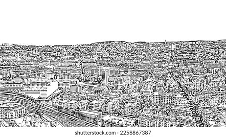 Lausanne, Switzerland. Flight over the central part of the city. La Cite is a district historical centre. Doodle sketch style. Aerial view