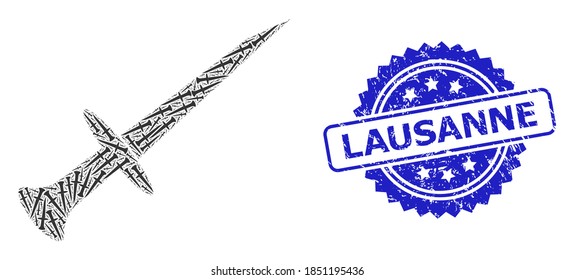 Lausana textura de foca y vectorial de colaje recursivo. El sello azul tiene el texto de Lausana dentro de la roseta. El collage vectorial se forma a partir de la repetición de iconos de espada girados.