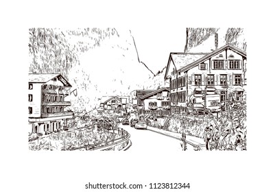 Lauterbrunnen, Village in Switzerland. Hand drawn sketch illustration in vector.