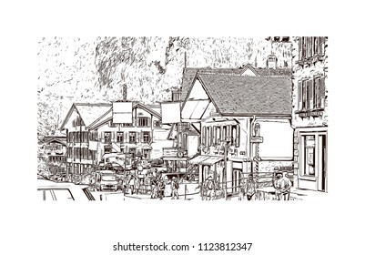 Lauterbrunnen, Village in Switzerland. Hand drawn sketch illustration in vector.