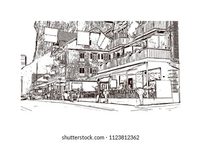 Lauterbrunnen, Village in Switzerland. Hand drawn sketch illustration in vector.