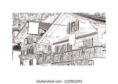 Lauterbrunnen, Village in Switzerland. Hand drawn sketch illustration in vector.