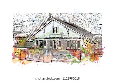 Lauterbrunnen, Village in Switzerland. Watercolor splash with Hhnd drawn sketch illustration in vector.