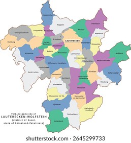 Lauterecken-Wolfstein verbandsgemeinde map of Kusel district Rhineland-Palatinate (Rheinland-Pfalz) state in Germany. Vectored. Retro colors