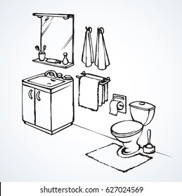 Lav cistern and bowl in bath apartment isolated on light background. Freehand outline ink hand drawn picture icon sketchy in art retro cartoon line doodle graphic style with space for text on floor