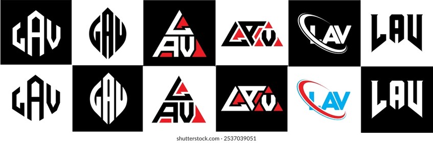 LAV carta logotipo design em seis estilo. Polígono LAV, círculo, triângulo, hexágono, estilo simples e plano com logotipo de letra de variação de cor preto e branco definido em uma prancheta. Logotipo minimalista e clássico LAV