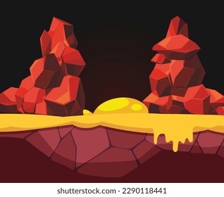 Lava cave background with rock and flowing liquid lava. Vector picture cartoon