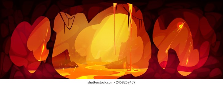 Lava cave game background. Fantasy hell landscape. Fire magma and rock inside dungeon hole drawing cartoon illustration. Devil tunnel and molten land river flow. Scary underground inferno world