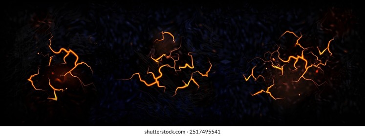 Lava-Riss mit Feuer. Roter Vulkan-Bodeneffekt. Zerbrochenes Land und vulkanische Zerstörung auf schwarzem Hintergrund. Realistische Thunderbolt Energielinie. Draufsicht auf Neoncrashflamme. Gold Land Break Design