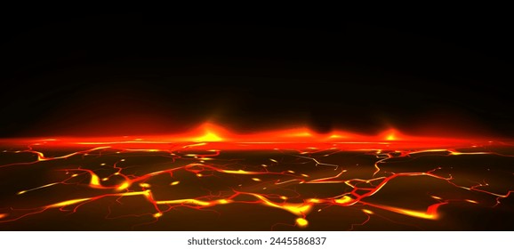 Lava crack texture with fire on ground vector. Hell light effect with red and yellow glow. Hot earthquake pattern with crash and broken terrain surface. Burn floor plasma with flame on bottom fracture