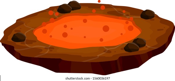 Lava in crater. Eruption. Red hot water in  lake. Element of nature, mountain and volcano. Natural disaster, calamity and catastrophe. Brown platform with ground. Cartoon flat illustration 