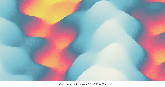 Lava flows with their glowing, red-and-orange rivers of fire. Hot surface and smoke. Abstract background. Vector illustration.