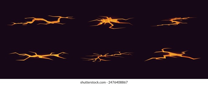 Lava-Bodenrisse. Erdbeben gespalten mit Licht im Inneren. Vulkan Magma. Schaden, Risswirkung. Die Hölle leuchtet in Löchern. Zerstörung von Land. Oberflächenstruktur des Rocks. vulkanisch