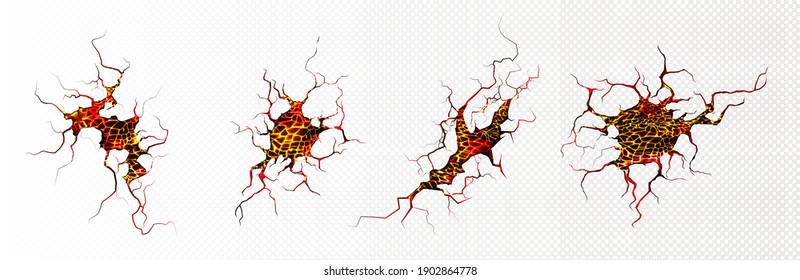 Lava en el suelo grita la vista superior, el volcán magma resplandece textura en agujeros de rajadura, superficie de tierra en ruinas. Efecto de fisura de daños después del desastre aislado en fondo transparente. Conjunto de vectores 3d realista