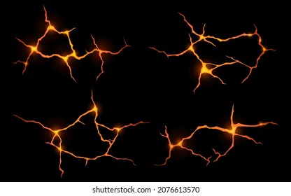 Lava in ground cracks top view, volcano magma glow texture in cracking holes, ruined land surface. Damage fissure effect after earthquake disaster isolated on black background, Realistic 3d vector set - Shutterstock ID 2076613570