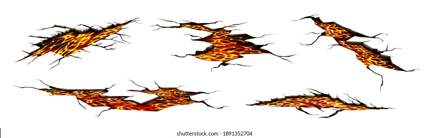 Lava in ground cracks, volcano magma glow texture in cracking holes, ruined land surface. Destruction, split, damage fissure effect after disaster isolated on white background. Realistic 3d vector set