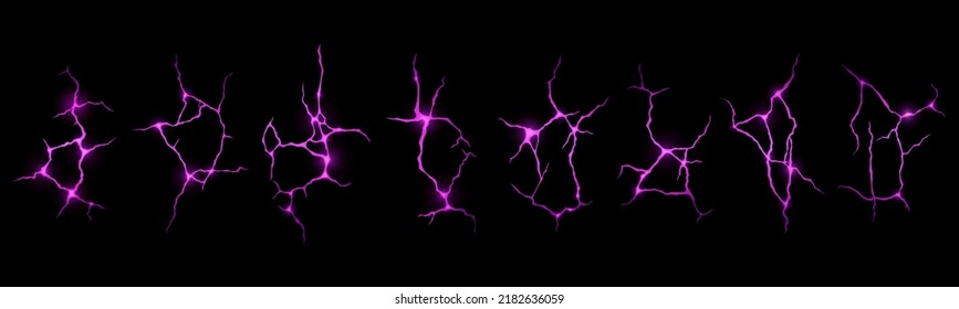 Lava en grietas de tierra, textura de brillo púrpura del volcán magma en agujeros de craqueo, superficie de tierra en ruinas. Destrucción del terremoto, división, efecto de fisura del daño después del desastre, aislado conjunto de vectores 3d realistas