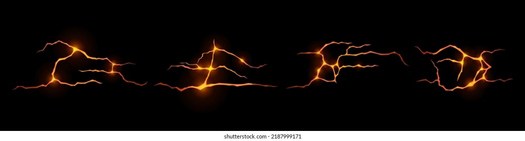 Lava en grietas de tierra, volcán magma naranja resplandece en agujeros de agrietamiento, superficie de tierra en ruinas. Destrucción, división, daño efecto fisura después del desastre aislado en el fondo negro. Conjunto de vectores 3d realista